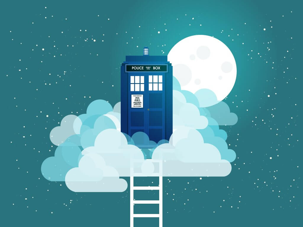 Cartoon image of the Doctor Who tardis sitting up in the night sky, a ladder leading up to it.