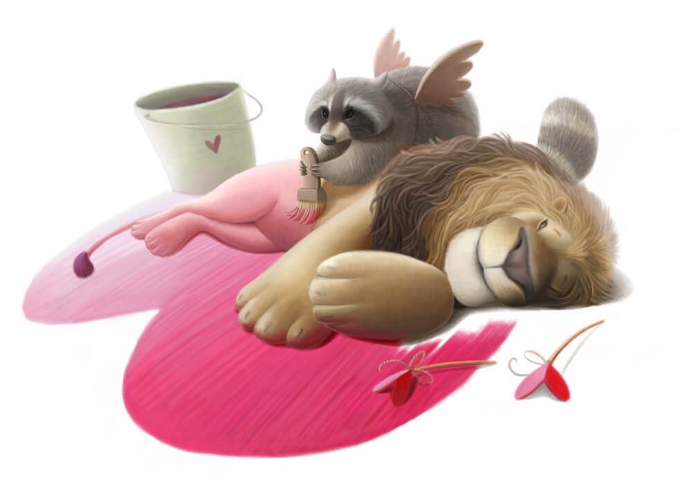 A lion lying asleep while a racoon paints its back half pink. A cartoon.