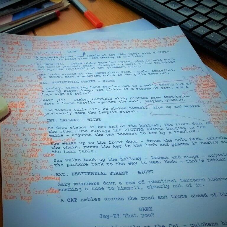 The shooting script with shot list annotations.